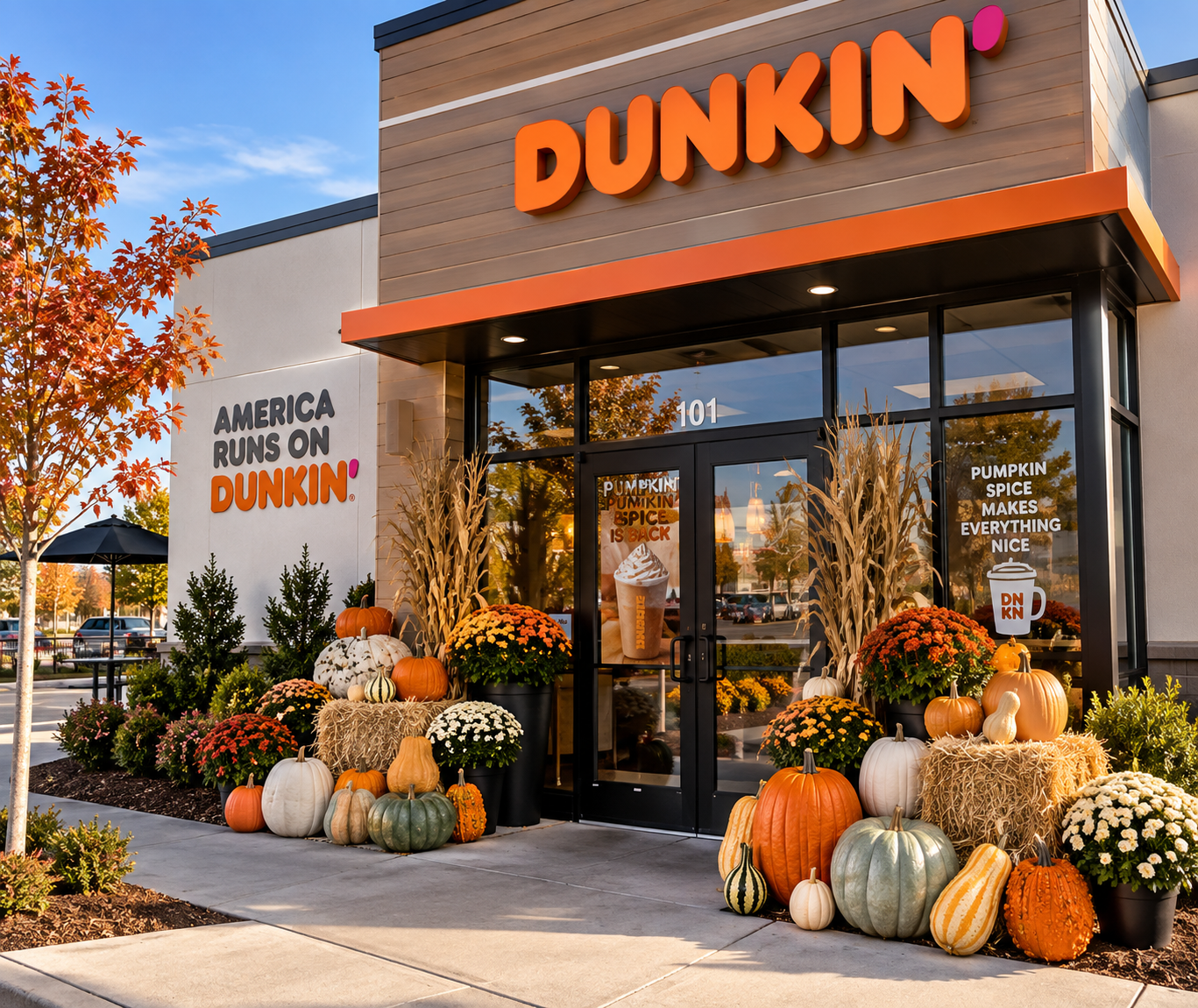 Dunkin storefront styled with a large fall display of pumpkins, mums, hay bales and cornstalks
