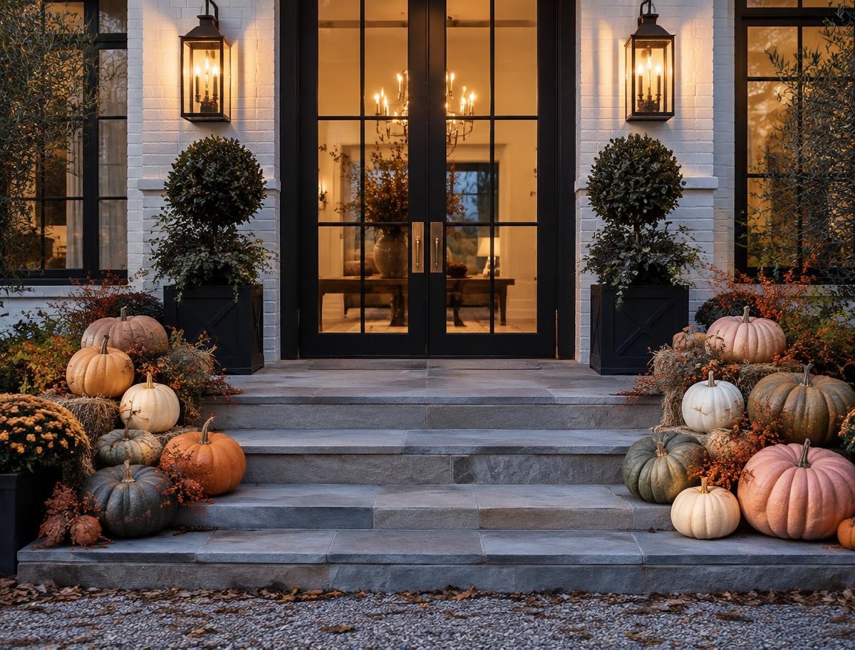 Farmhouse entry with white and orange pumpkins at dusk