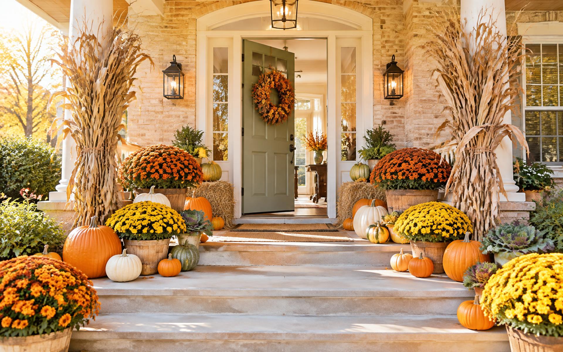 Charlotte brick porch styled with pumpkins, mums and cornstalks