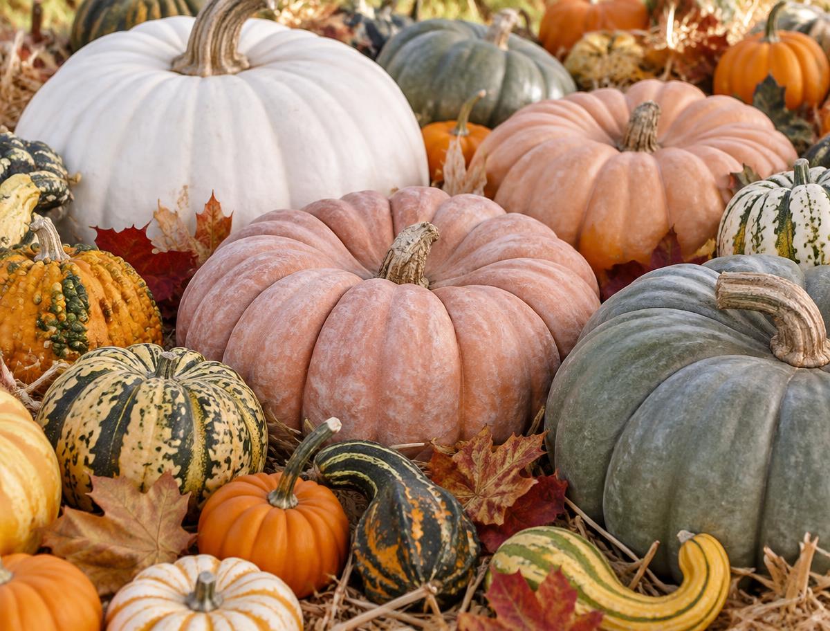 Heirloom pumpkins and gourds in cream, green and orange